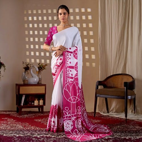 Elegant White & Rani Pink Satin Georgette Floral Printed Saree