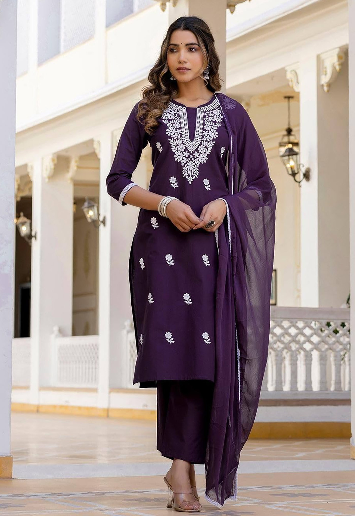 Women’s Purple Embroidered Kurta Pant Dupatta Set | Tesla Fabric | Festive & Party Wear
