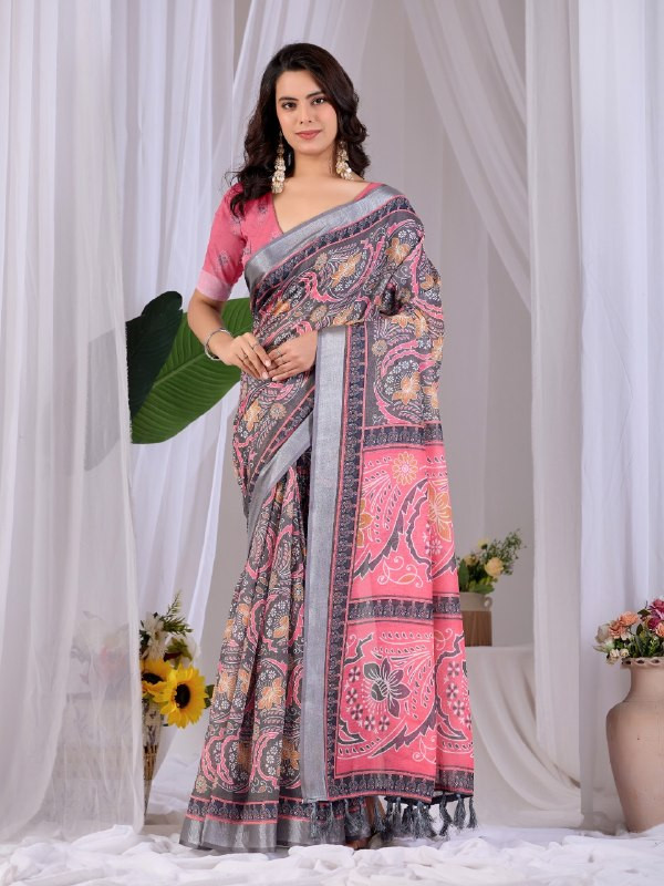 Elegant Grey Pink Floral Paisley Linen Cotton Saree with Contrast Blouse