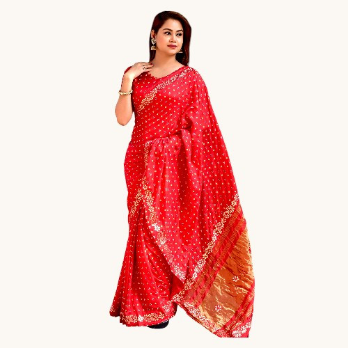 Premium Silk Bandhani Saree with Gota Patti Border & Lagadi Pallu