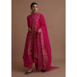 Women’s Pink Cotton Silk Kurta Pant Dupatta Set – Embroidered 3/4 Sleeve Kurti with Organza Dupatta