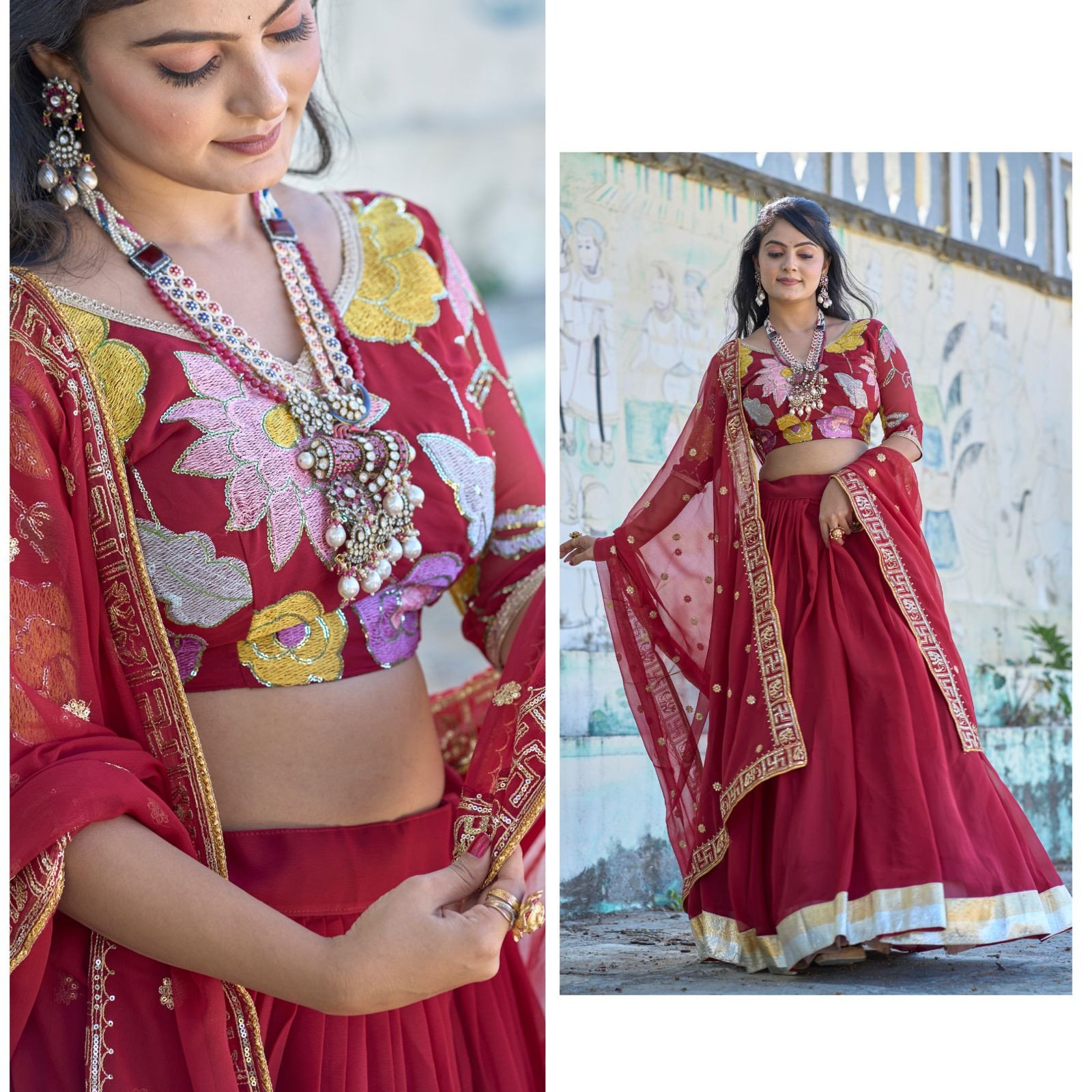 Classical Maroon Coloured Embroidery Lehenga For Women