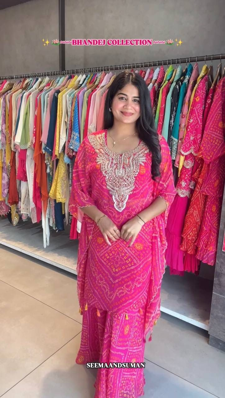 Designer Digital Bandhani Print Kaftan Sharara Set with Embroidery Sequins Work