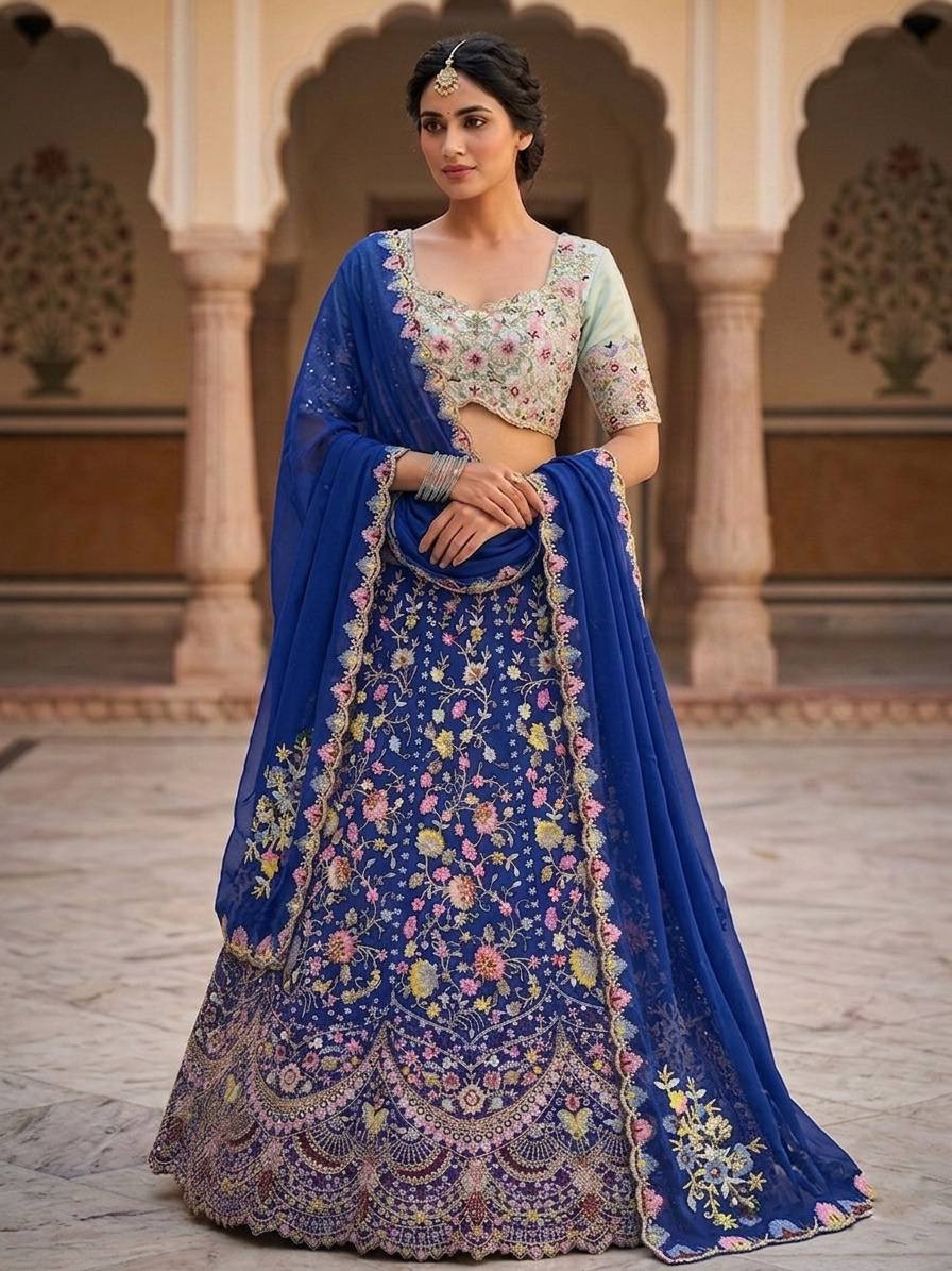 Blue Sequins Embroidery Lehenga Choli | Malai Silk 4 Meter Flared Bridal Lehenga with Dupatta