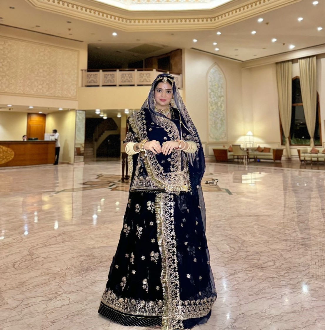 Bindani Ethereal Beauty: Blue Tissue Poshak with Intricate Jari Design(Semi stich)