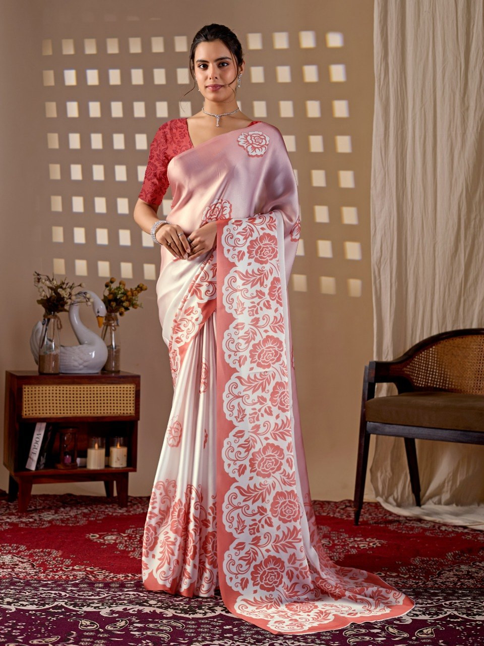 Elegant Peach Satin Georgette Saree with Large Floral Print & Blouse