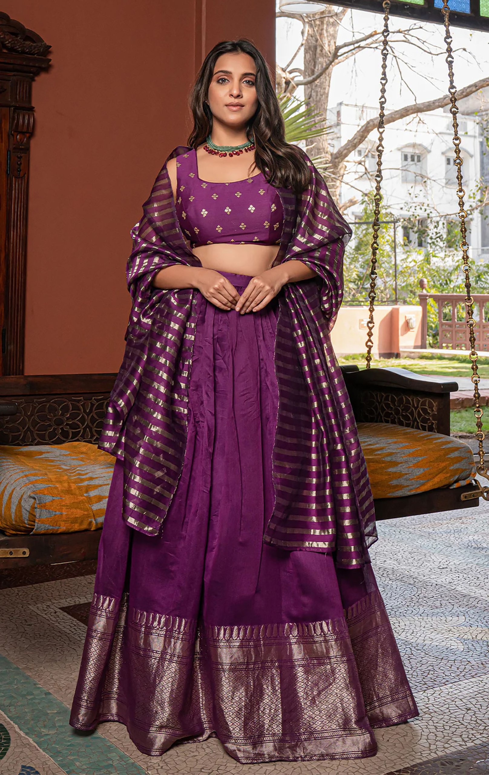 Embellished Purple Jacquard Semi-Stitched Lehenga Choli with Dupatta