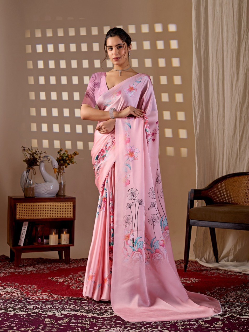 Elegant Pastel Pink Floral Digital Print Satin Georgette Saree with Blouse
