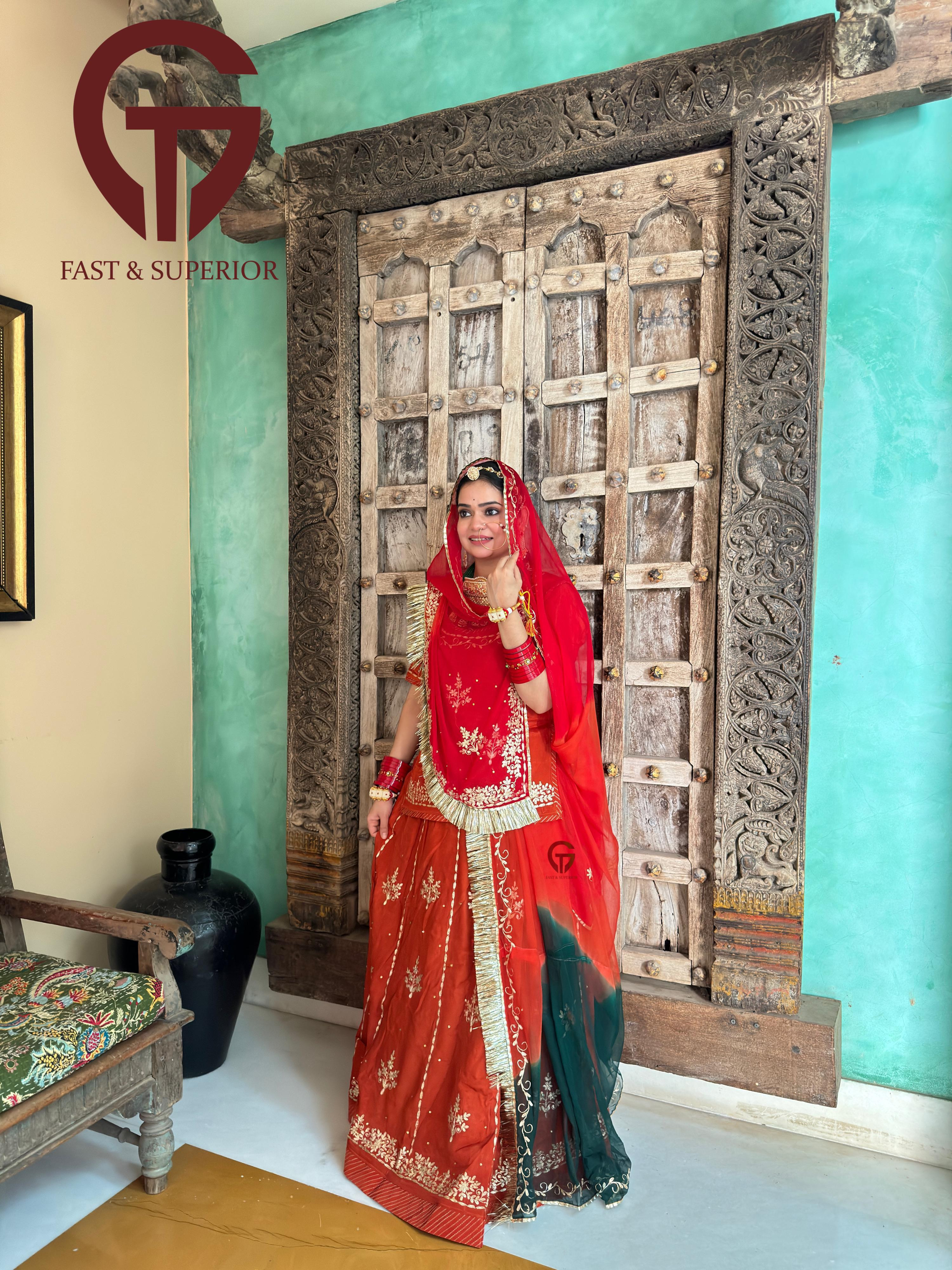 Red Coloured Natural Crepe Humrahi Pure With Zari Pitran Work Rajputi Poshak