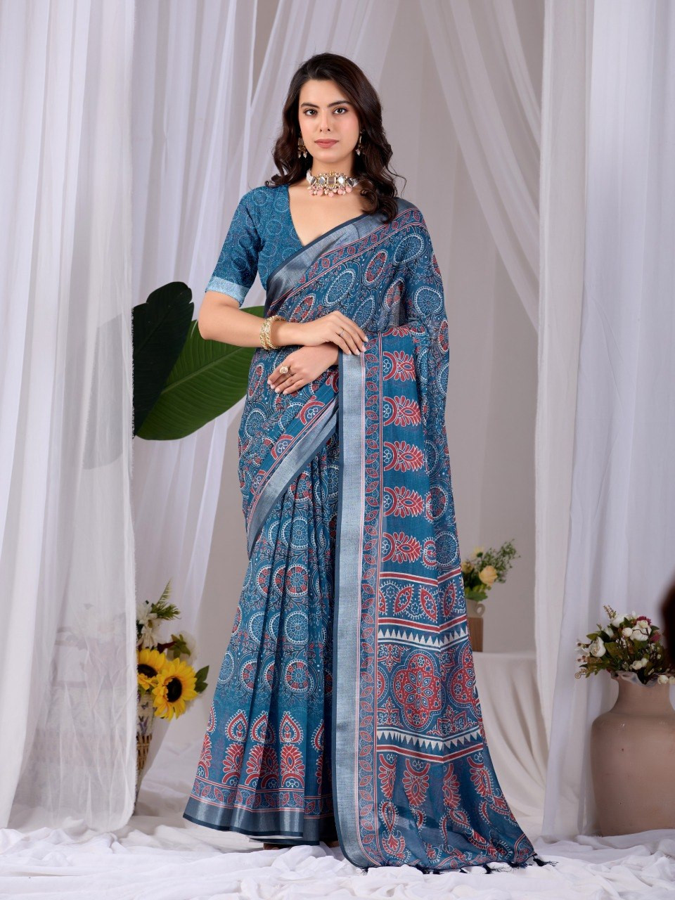 Elegant Teal Blue Linen Cotton Saree with Traditional Digital Motifs & Contrast Border