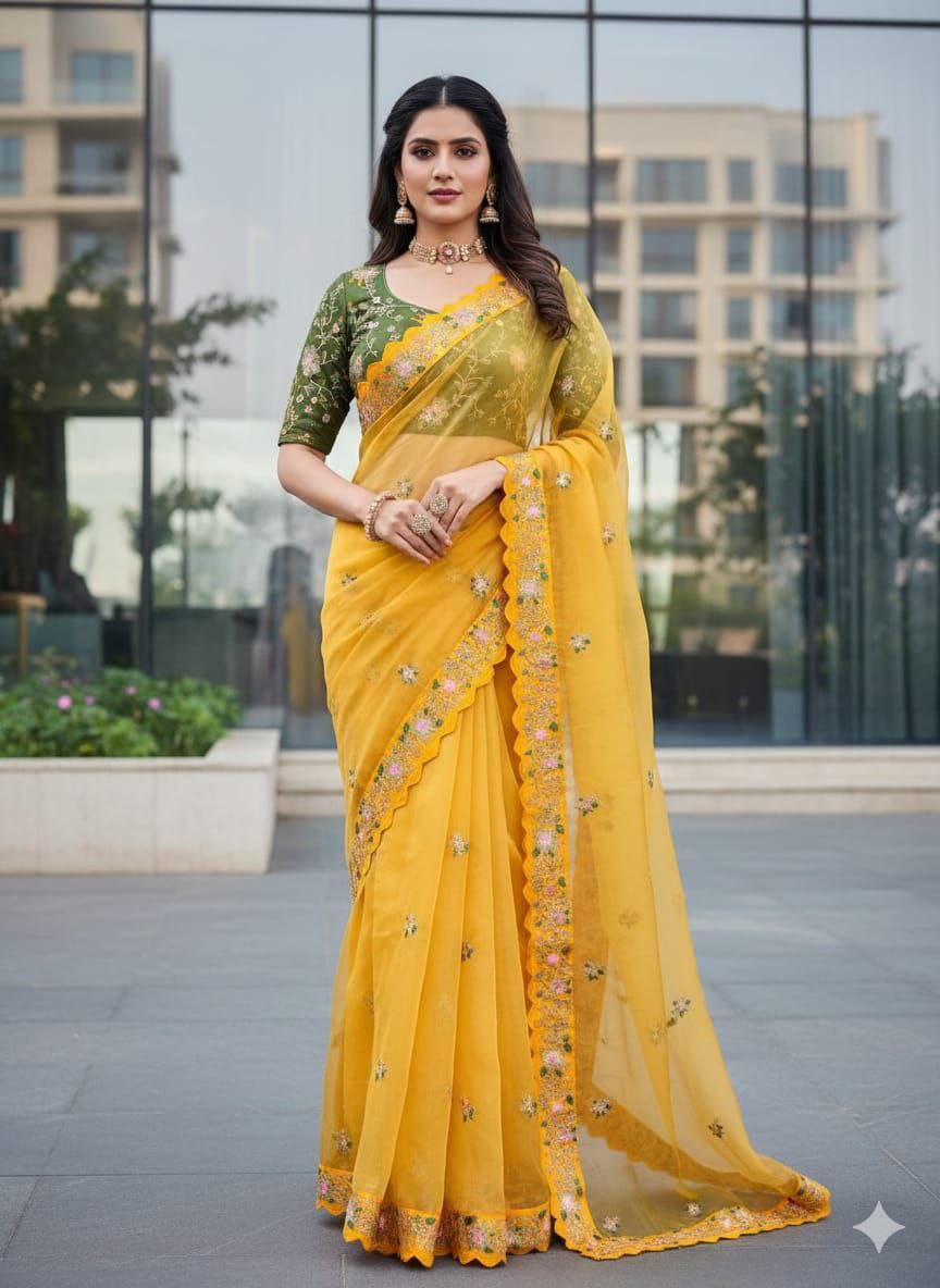 Premium Organza Silk Multi Work Saree with Coding & Sequins Work with Diamond Silk Blouse