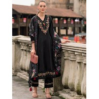 Women’s Black Silk Kurta Pant Dupatta Set | Embroidered Vichitra Silk Suit with Tabby Dupatta