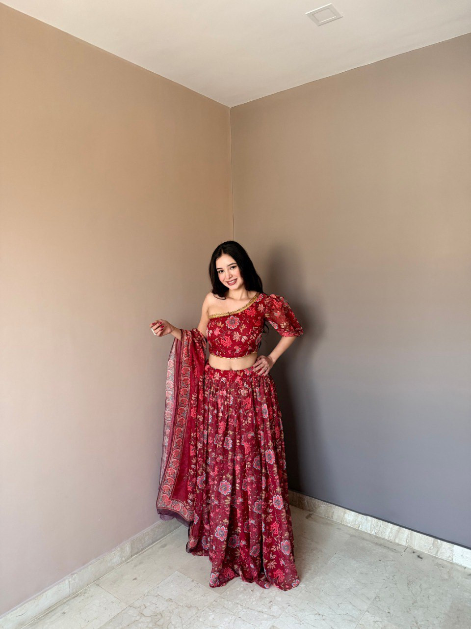 Royal Red Floral One-Shoulder Lehenga Set – Timeless Elegance