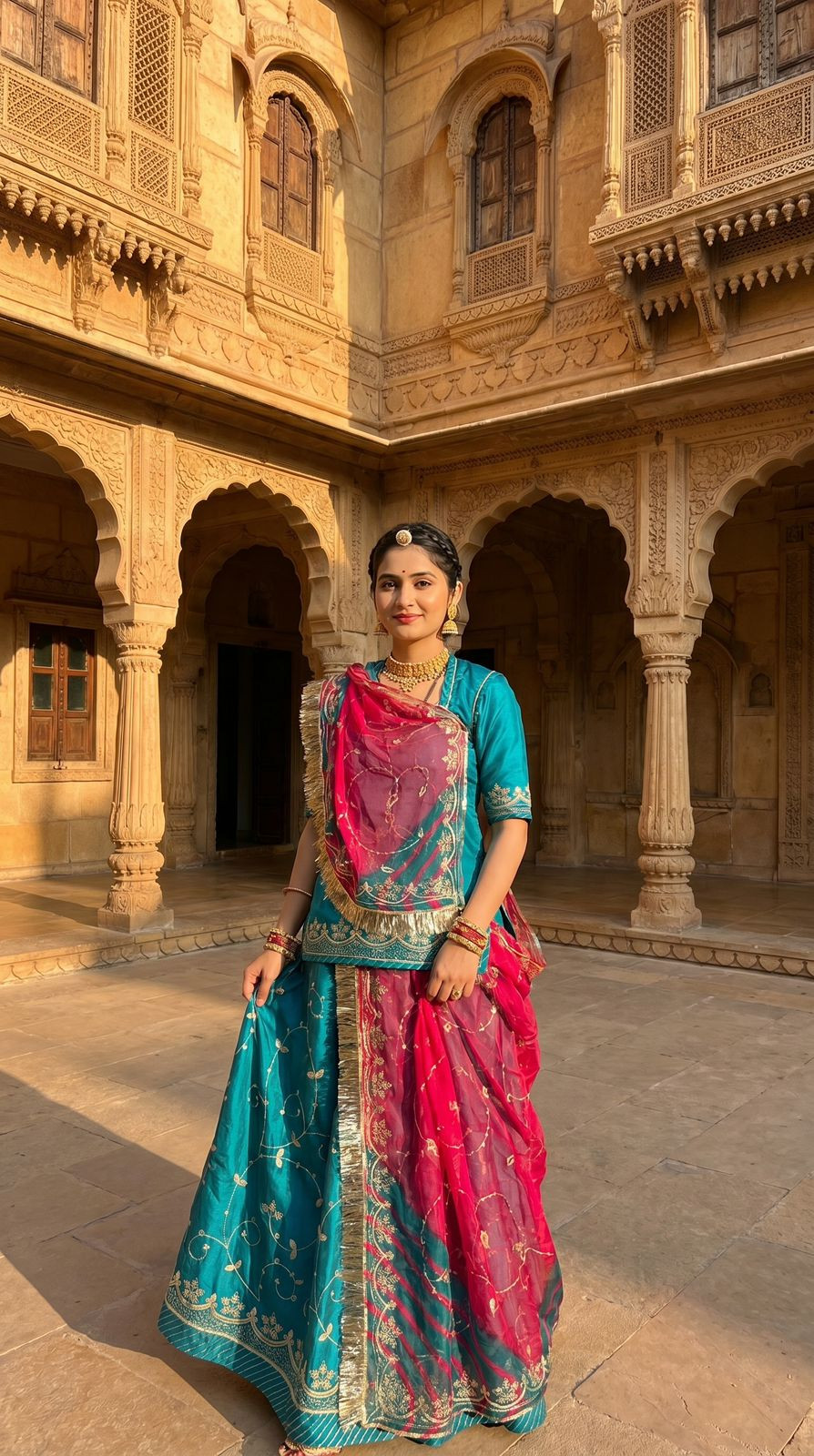 Traditional Rajputi Poshak Cotton Satin Unstitched Suit with Japani Tora Odhna