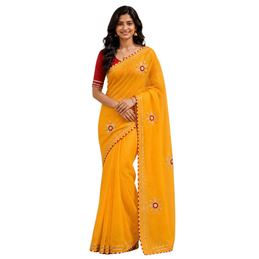 Yellow Kota Doriya Cotton Saree with Banglori Silk Blouse