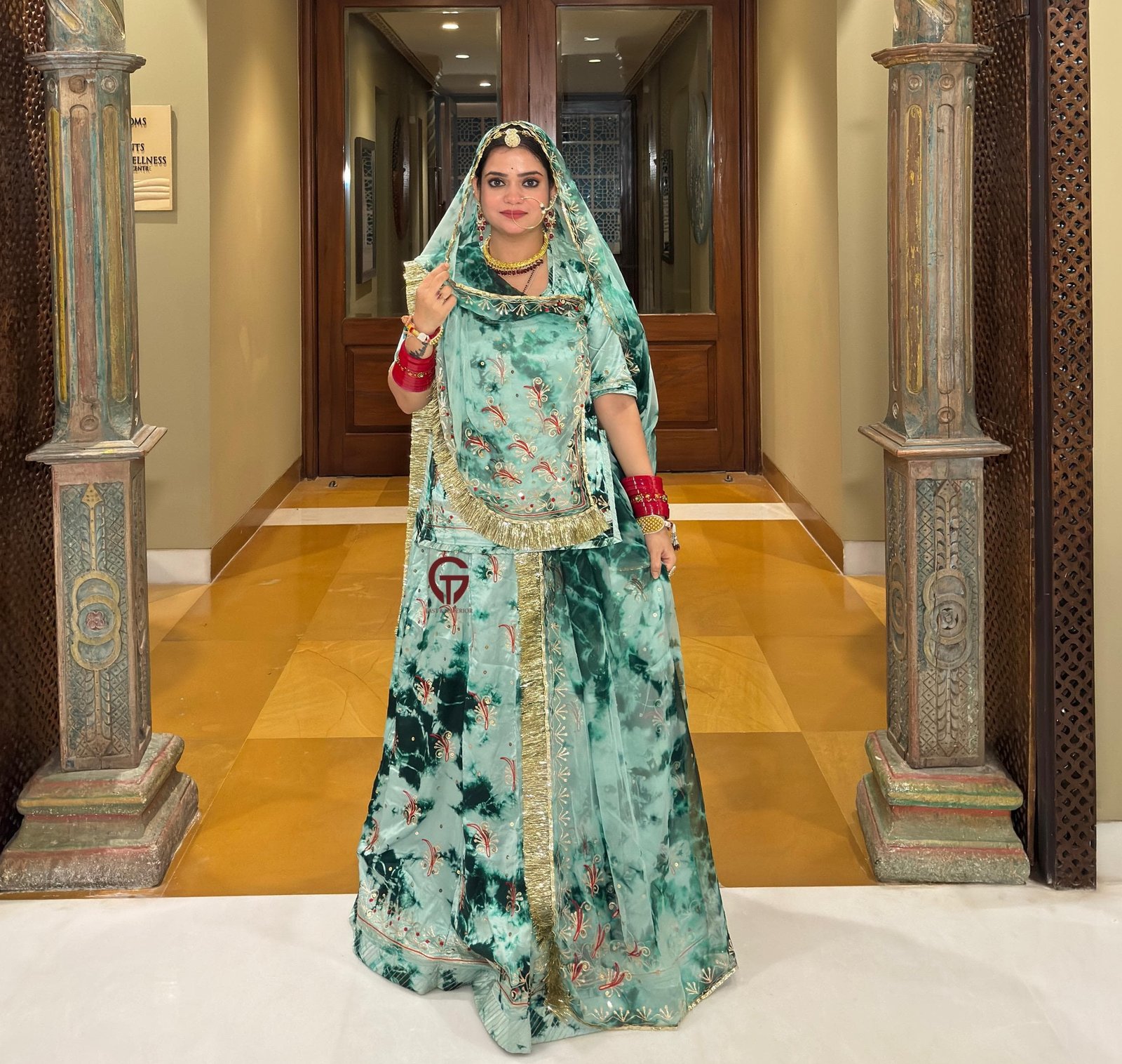 Partywear Satan Humrahi With Exquisite Zari Saburi Design Rajputi Poshak