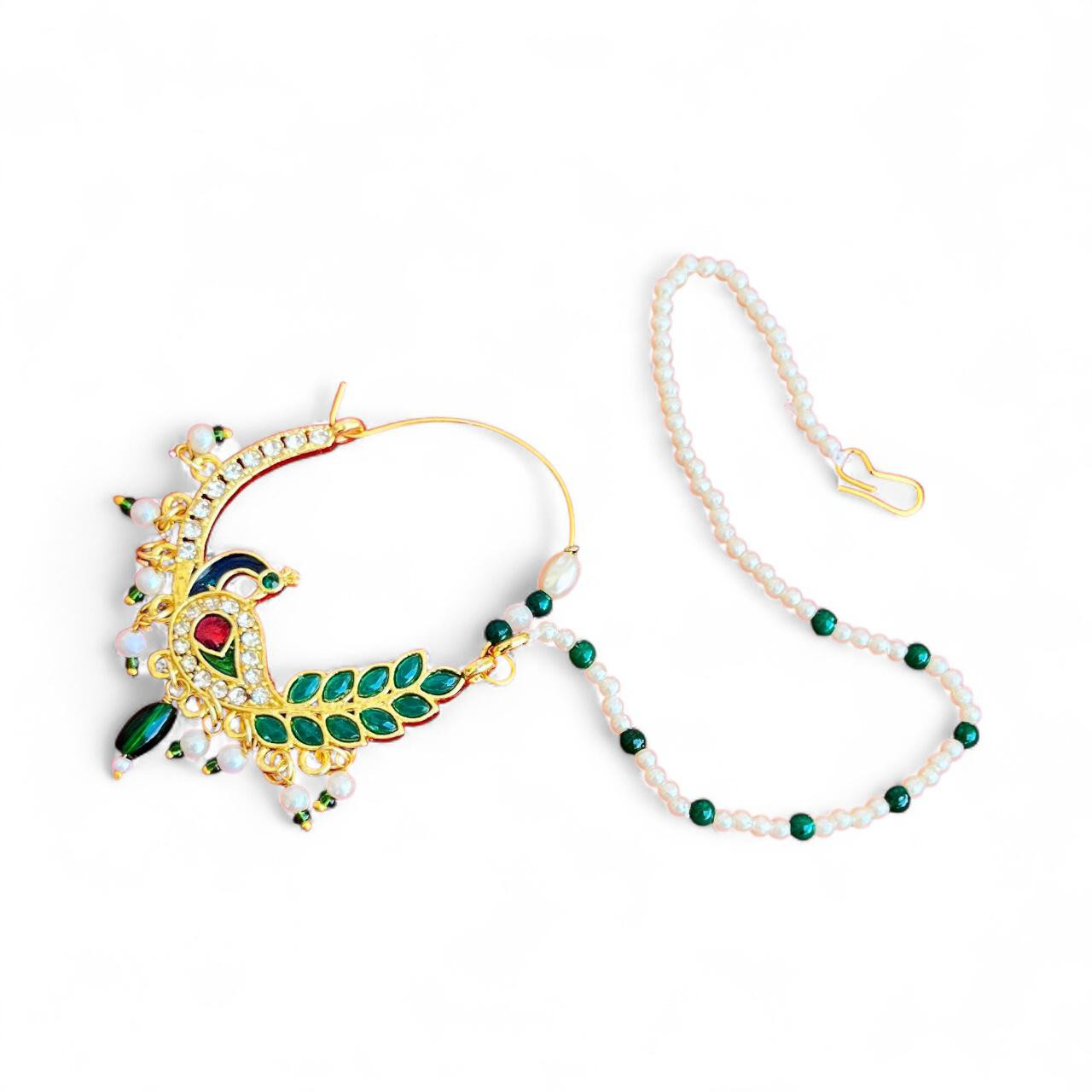 Gold Plated Peacock Design Nath - Nose Ring With Chain