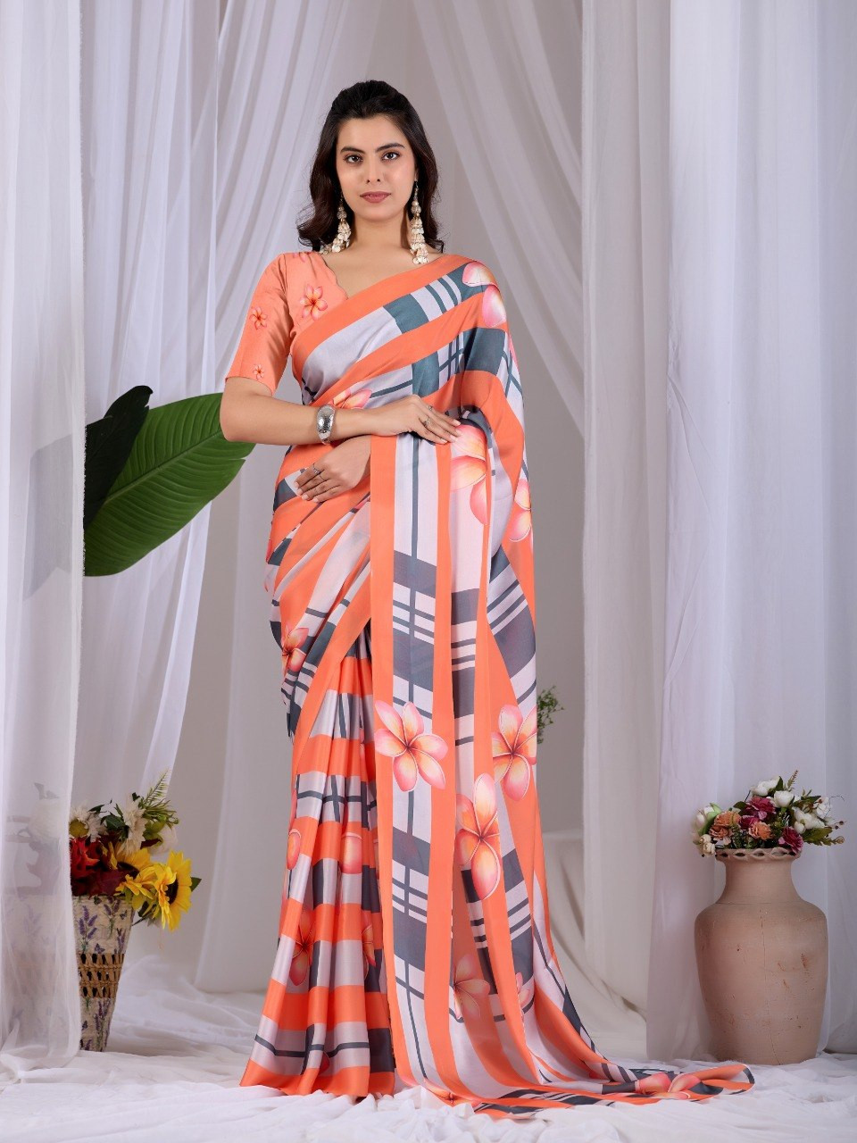 Elegant Floral & Stripe Digital Print Satin Georgette Saree with Blouse