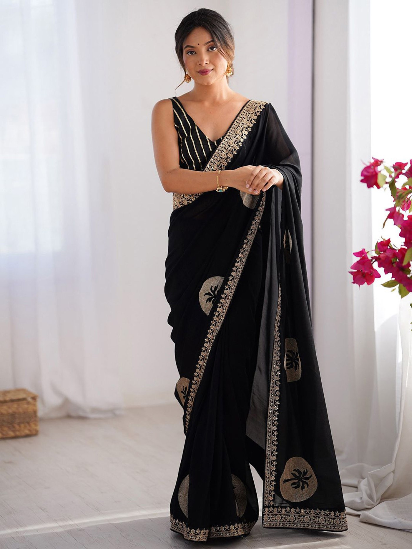 Black Rangoli Party Wear Saree with Embroidered Border Lace & Art Silk Blouse