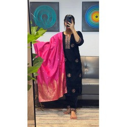 Premium Dark Blue Velvet Embroidered Kurta Pant Dupatta Set for Women | Festive & Party Wear Outfit