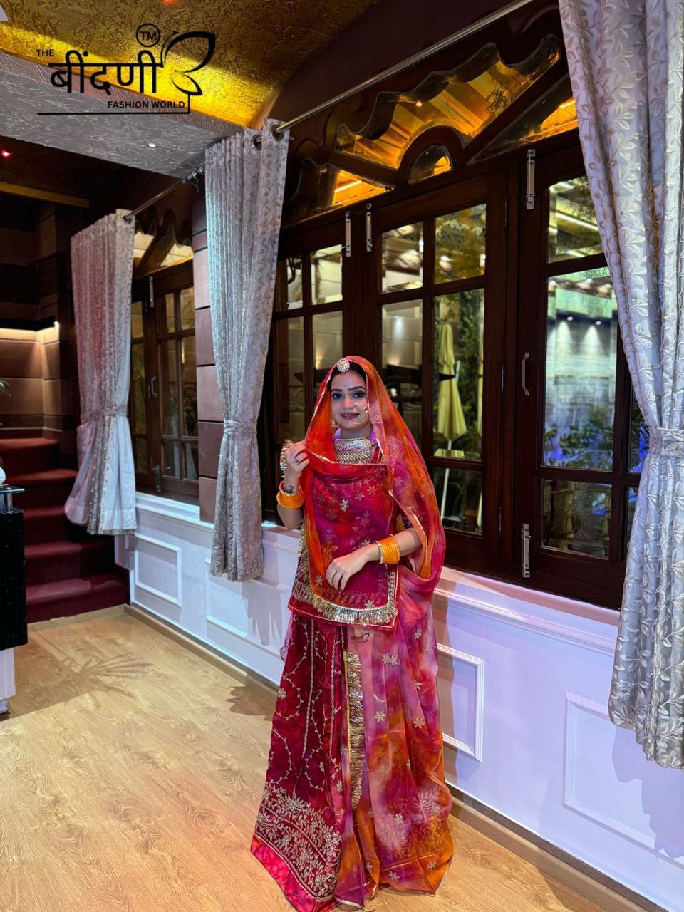 High Quality Shibori Organza Red Coloured With Codding Work Poshak