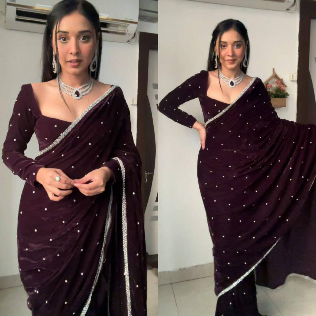 Velvet-9000 Luxury Saree with Revert Machine Pearl Work | Premium Glamour & Comfort