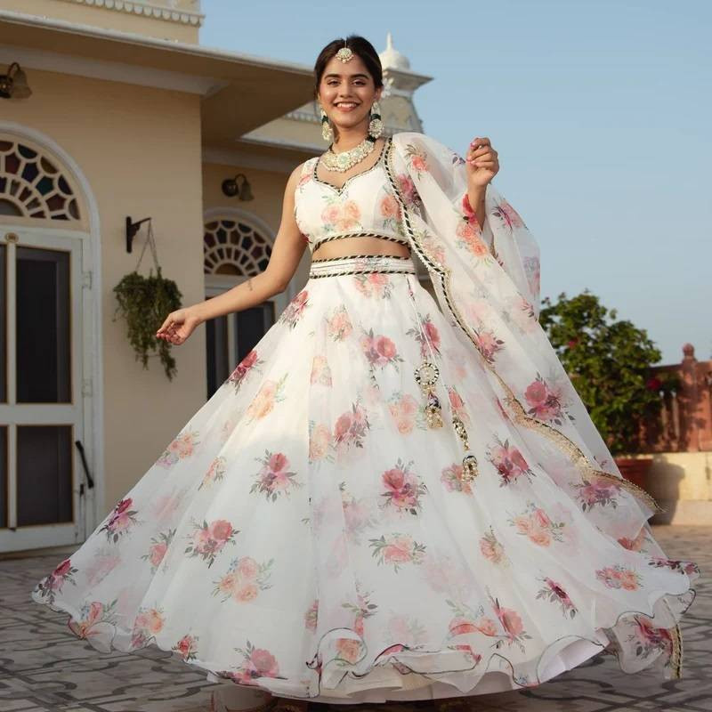 Printed Semi-Stitched Net Lehenga Choli with Dupatta Set – White, Digital Print, Sweetheart Neck Blouse