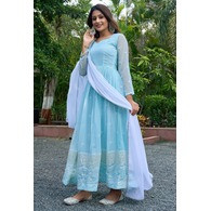 Embroidered Sky Blue Georgette Anarkali Gown with Dupatta – Stitched, Full Sleeve, Elegant Flair