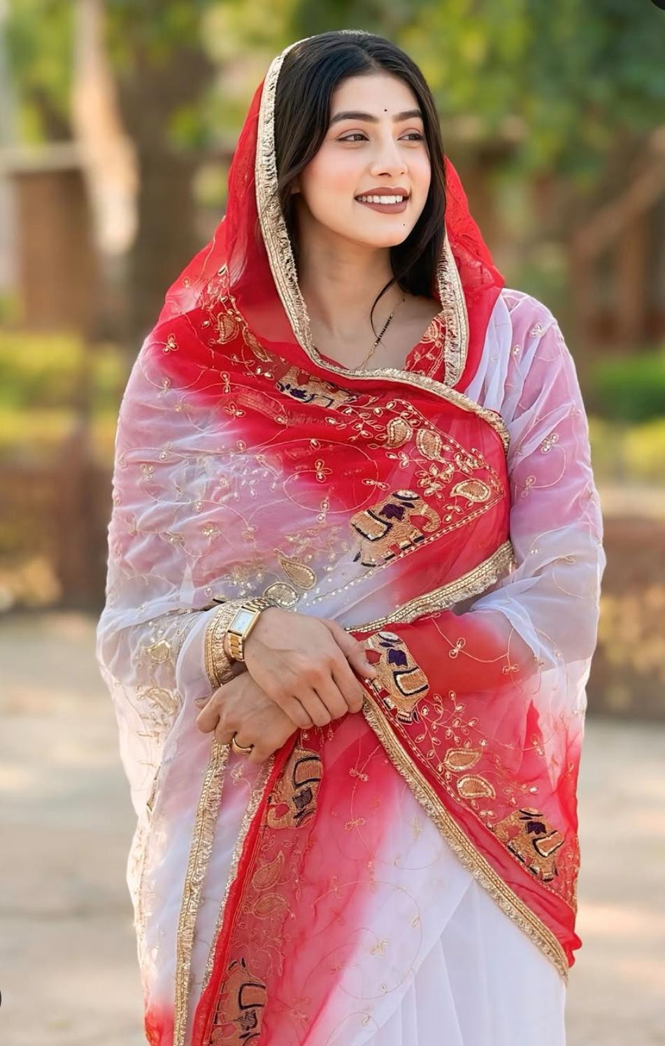 Elephant Georgatte Saree with Matching Blouse - Elegant Indian Silk Party Wear