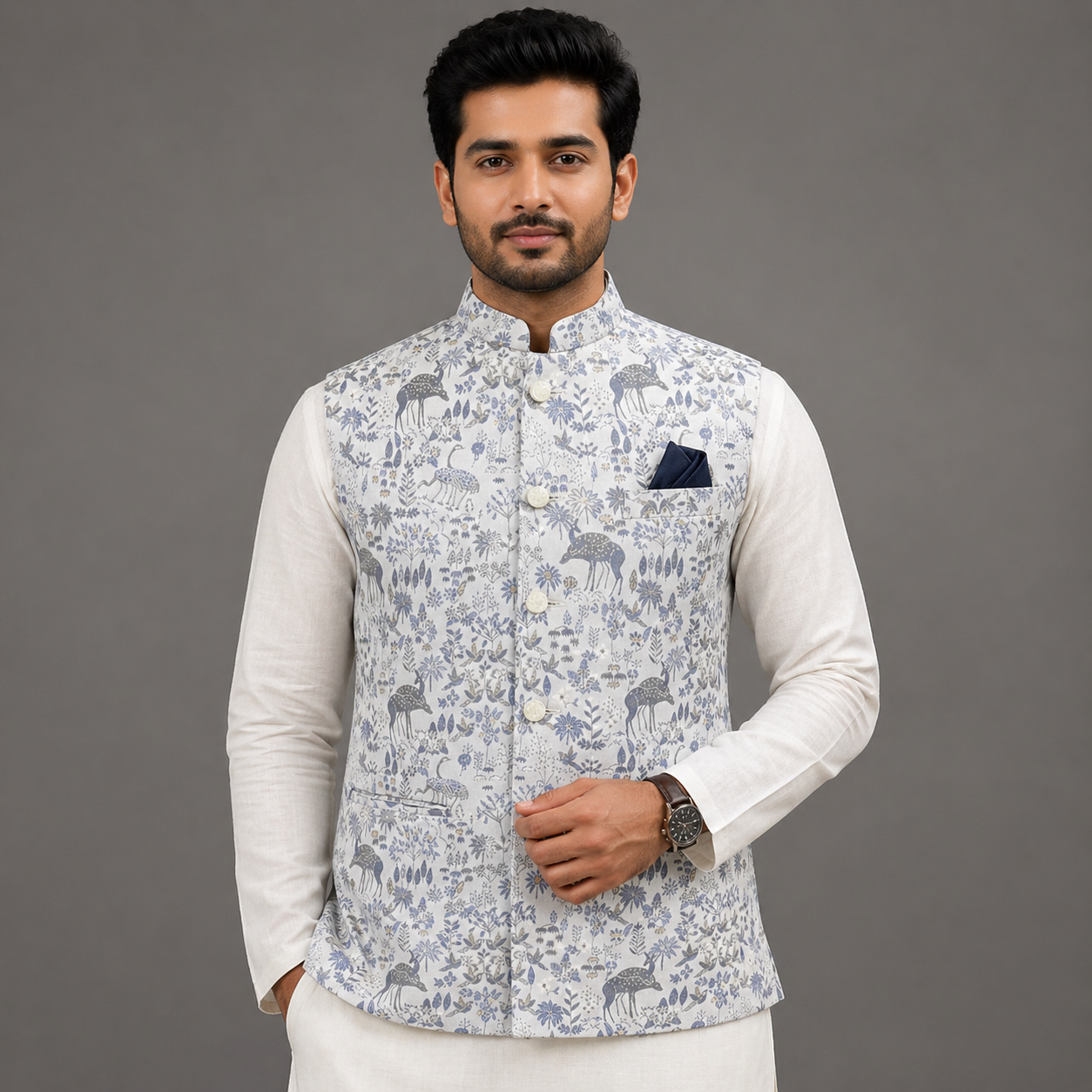 Ivory Blue Deer Jacquard Nehru Jacket for Men