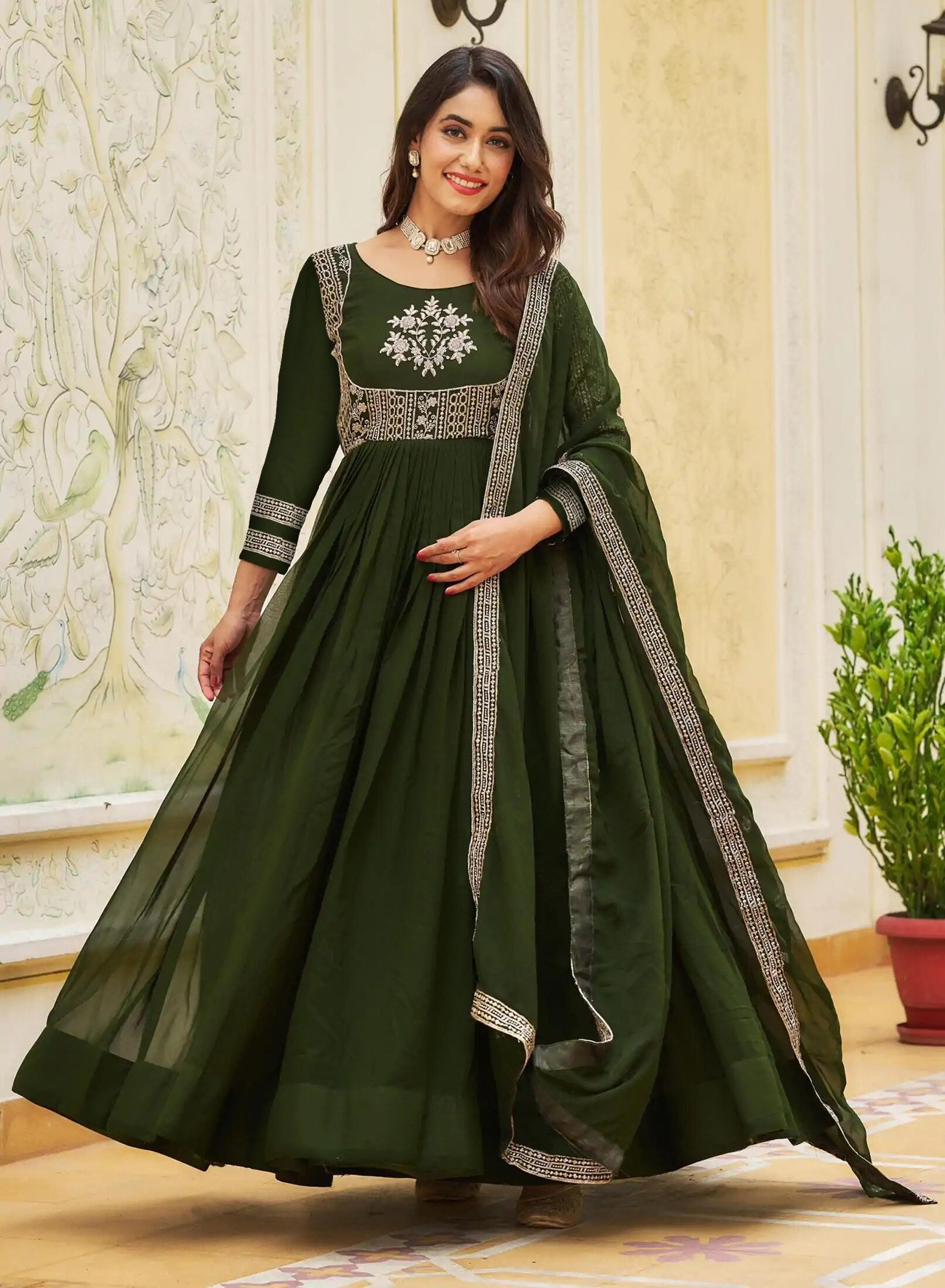 Embroidered Georgette Stitched Anarkali Gown with Dupatta