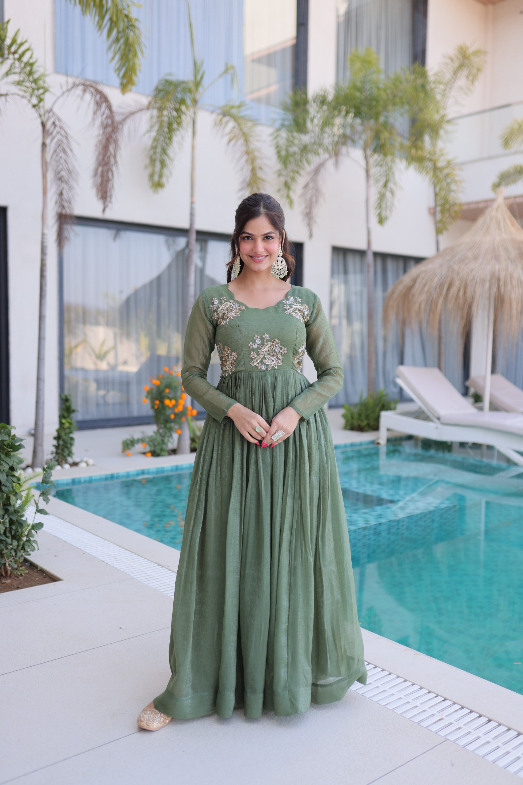 Premium Designer Silver Crunchy Beads Embroidery Readymade Gown for Women
