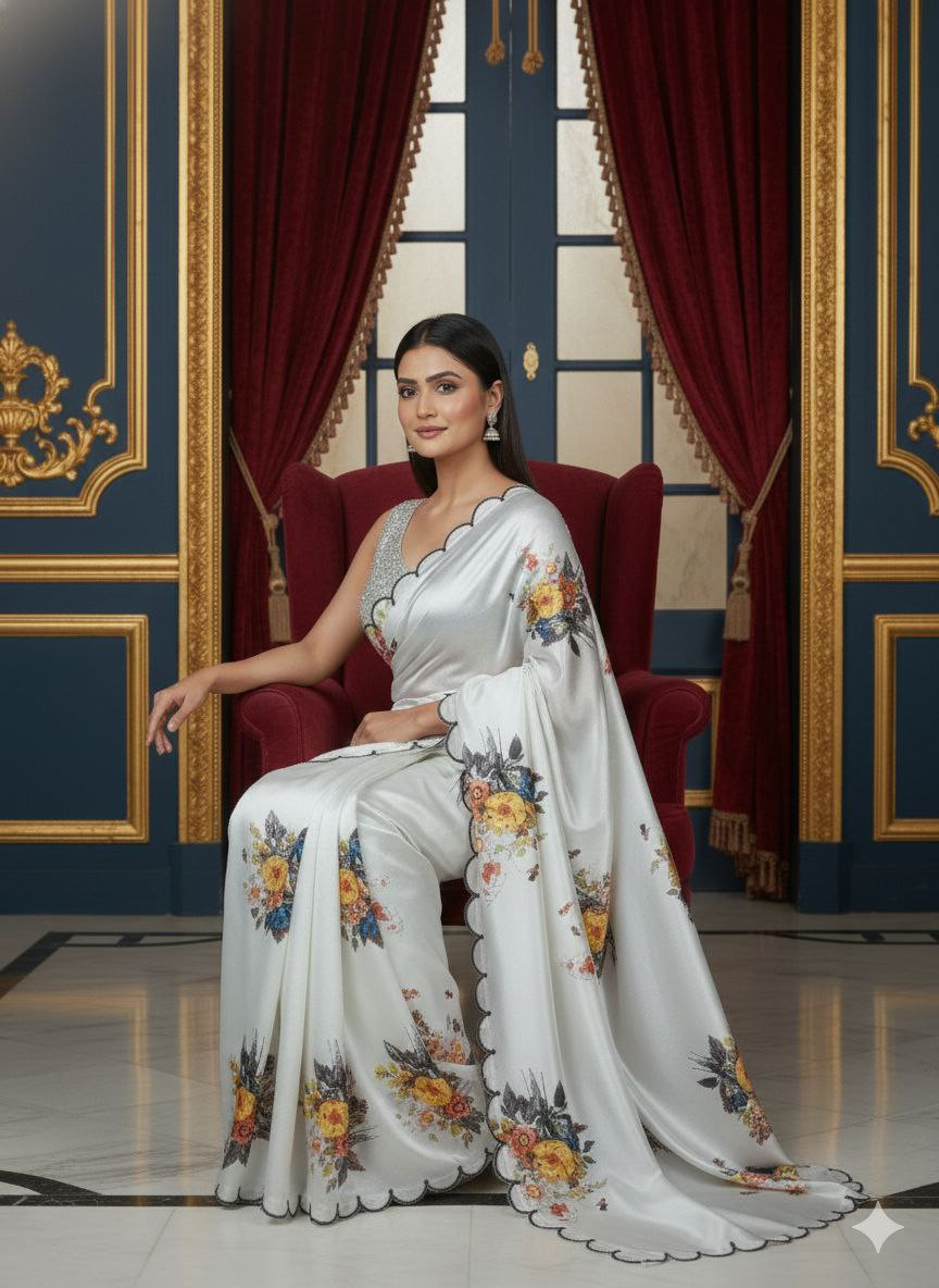 Pure Premium Satin Silk Handwork Saree with Hand Print & Pearl Flower Work