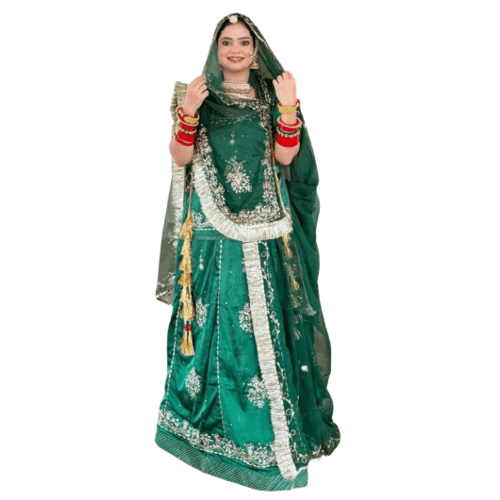 Green Coloured Satin and Hamrahi Fabric Mehendi festive kasab zari Work Rajputi Poshak