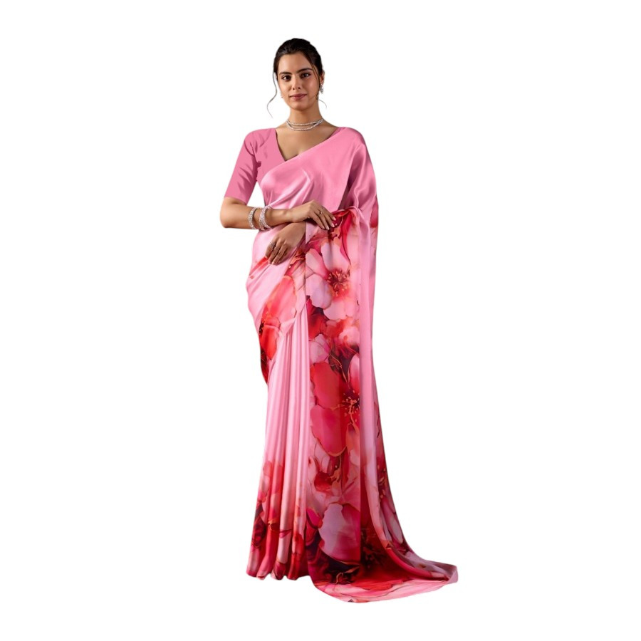 Pink Floral Satin Georgette Saree