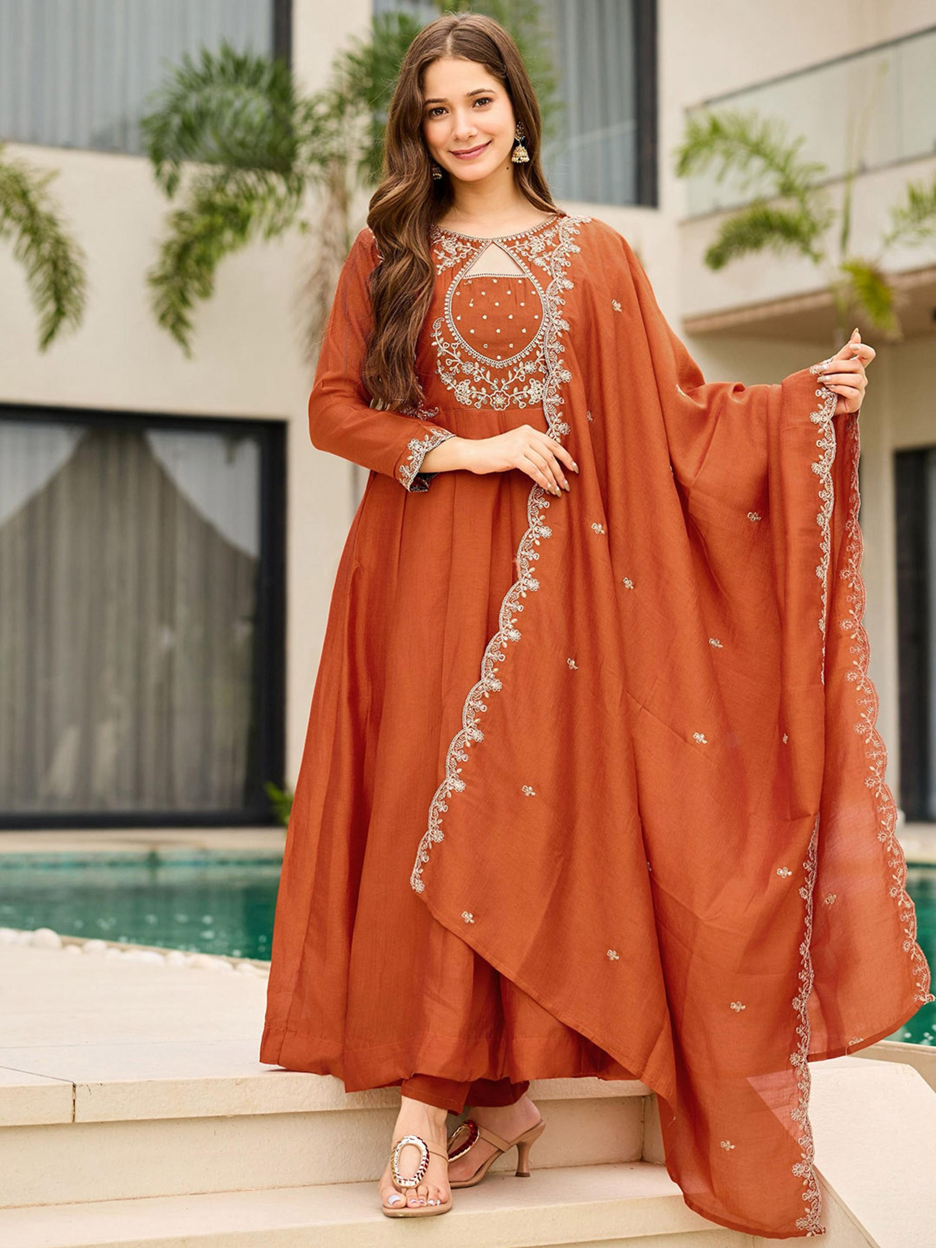 Elegant Rust Vichitra Anarkali Suit Set with Embroidered Dupatta