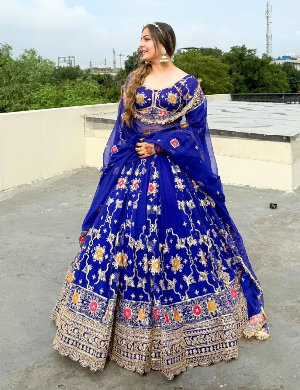 Designer 4 Mtr Gher Lehenga Suit — Premium Blooming Georgette with Heavy Humrahi Odhani