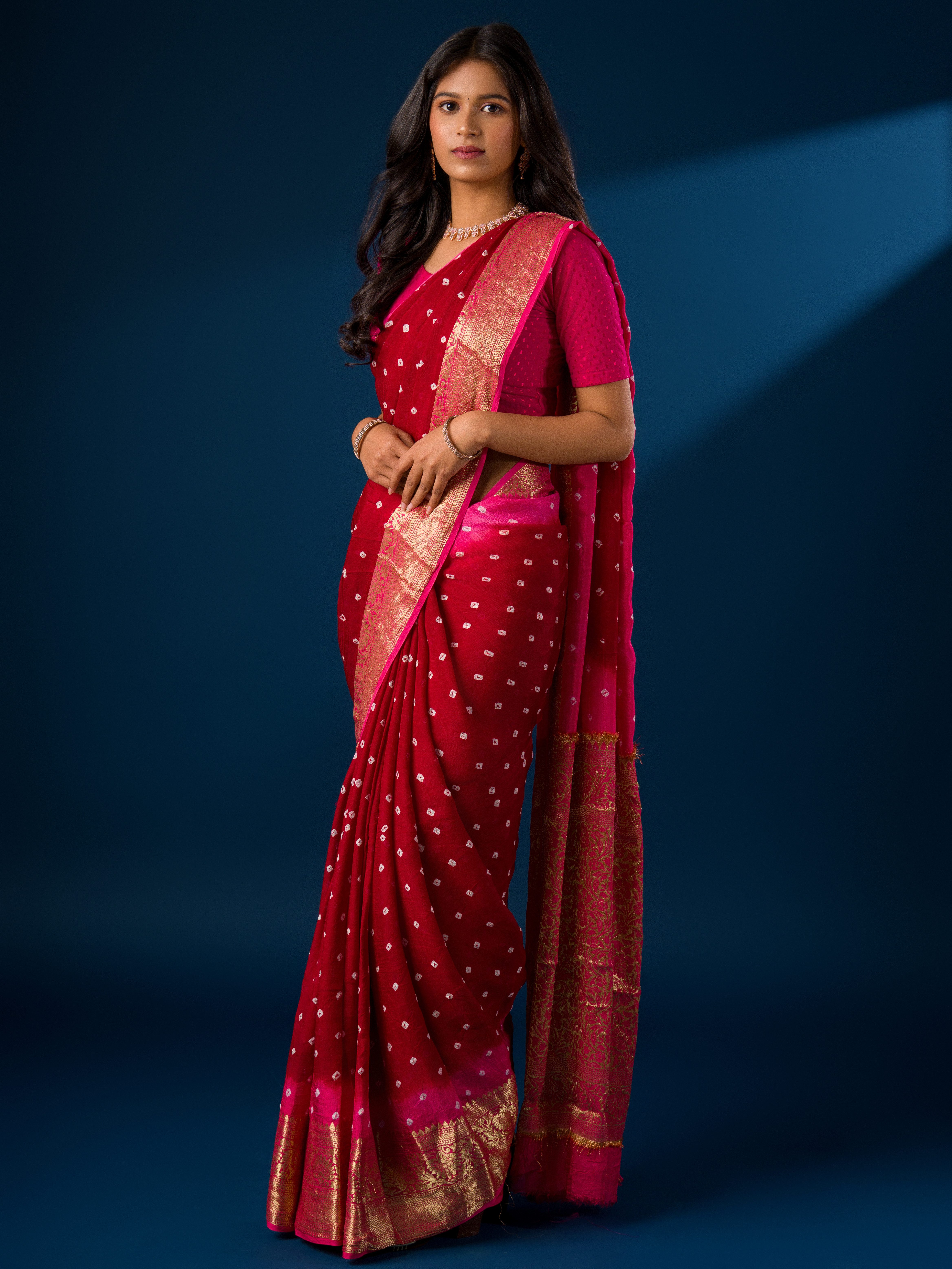 New Viscos Silk Bandhani Saree With Zari Border sam Mehroon Rani