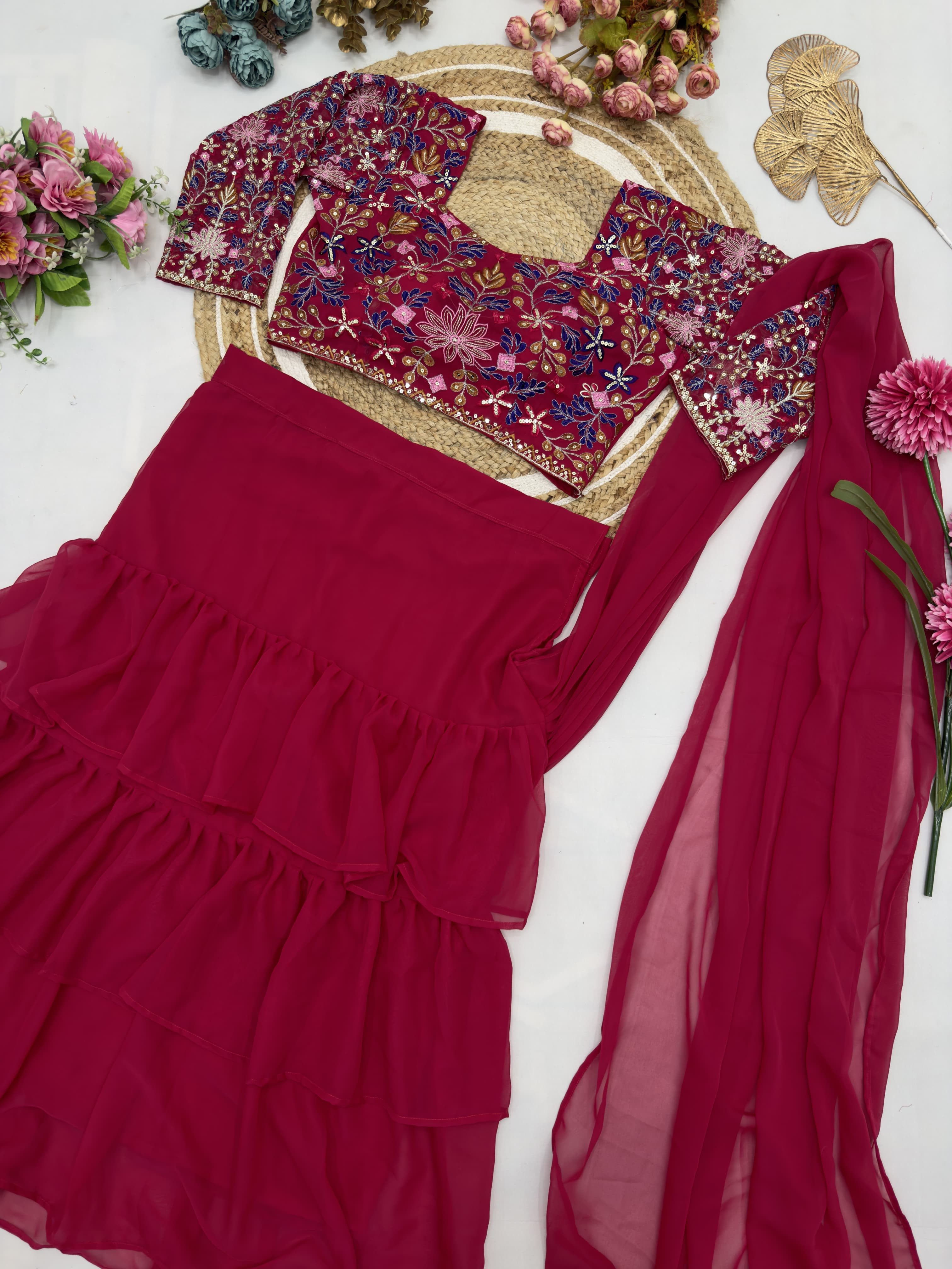 One More Super Hit Georgette Ruffle Ready To Wear Saree With Readymade Blouse Design