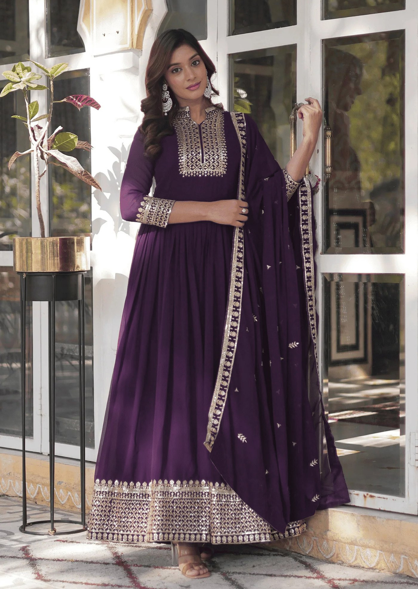 Embroidered Wine Georgette Stitched Anarkali Gown with Dupatta – Elegant Party & Wedding Wear