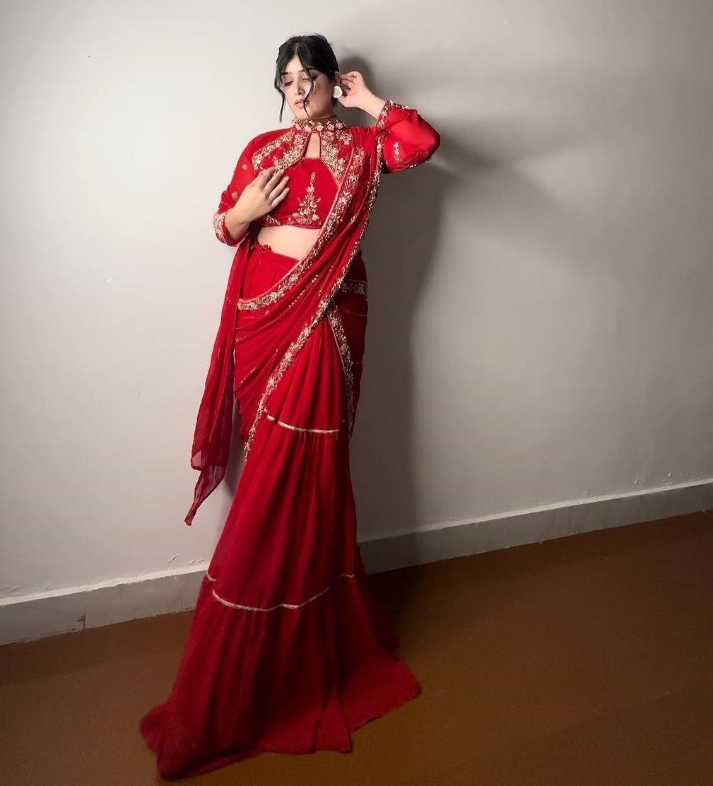 One More Super Hit Georgette Ruffle Ready To Wear Saree With Readymade Blouse Design Launch