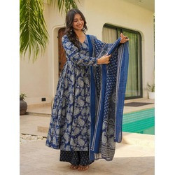Elegant Blue Rayon Slub Anarkali Pant & Chanderi Dupatta Set for Women