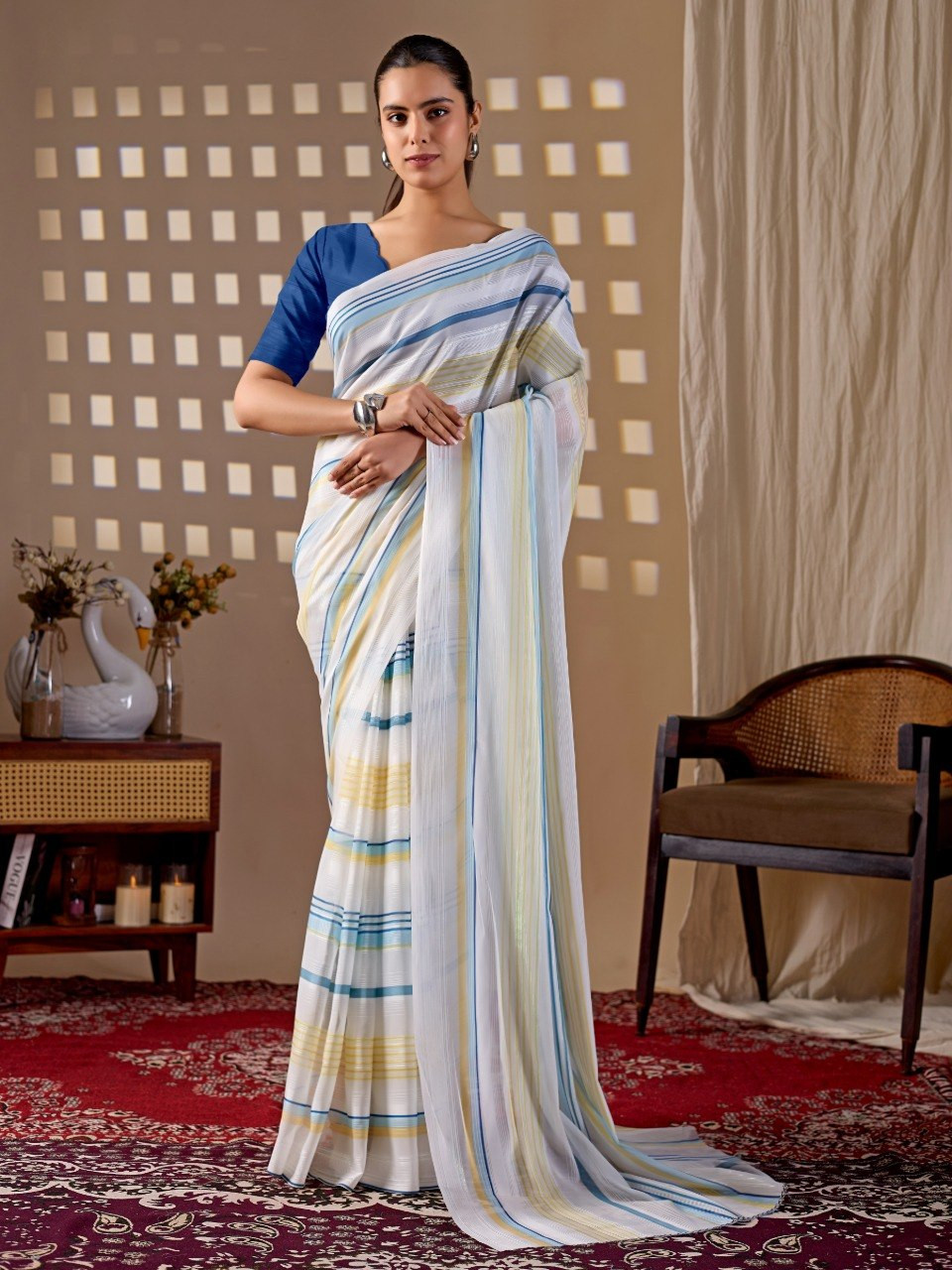 Premium White Striped Monsoon Saree with Blue & Yellow Design