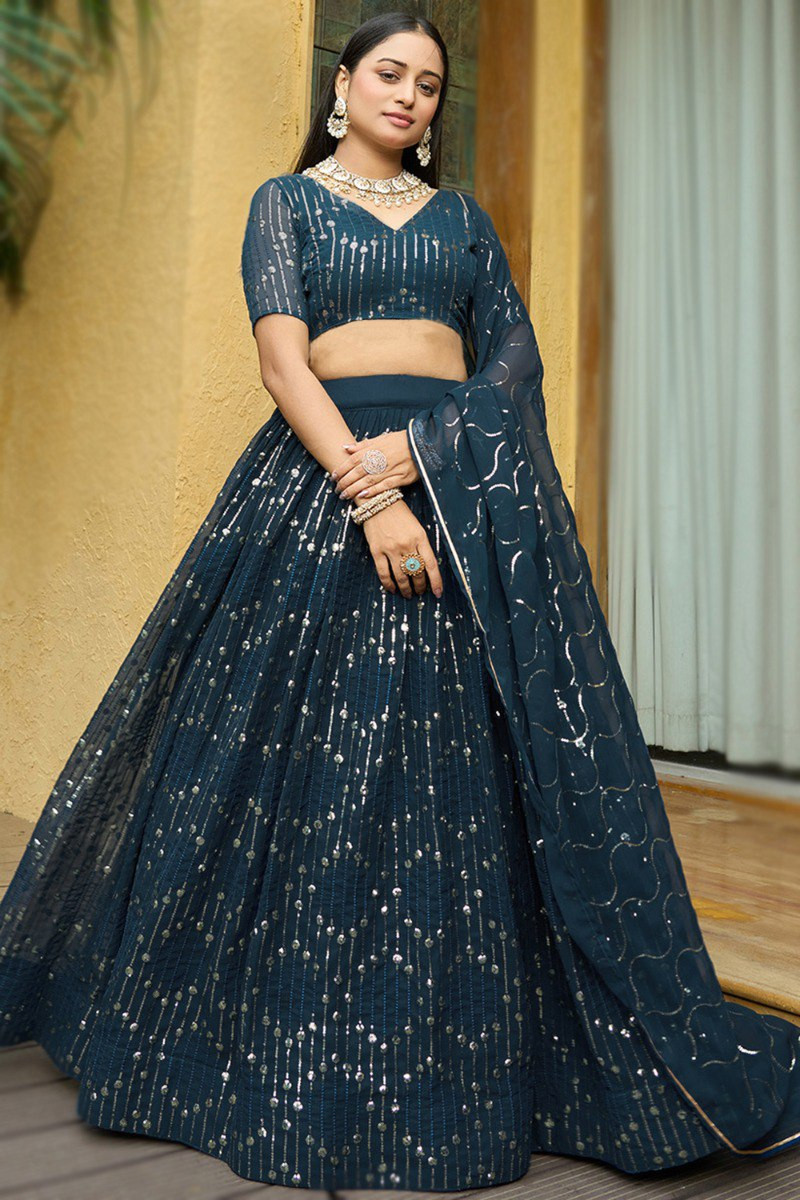 Embellished Semi-Stitched Georgette Lehenga Choli with Embroidered Dupatta – Cerulean Blue