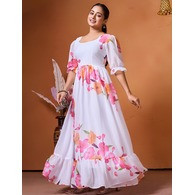 Elegant White Printed Georgette Stitched Gown with Short Sleeves & Full Inner Lining