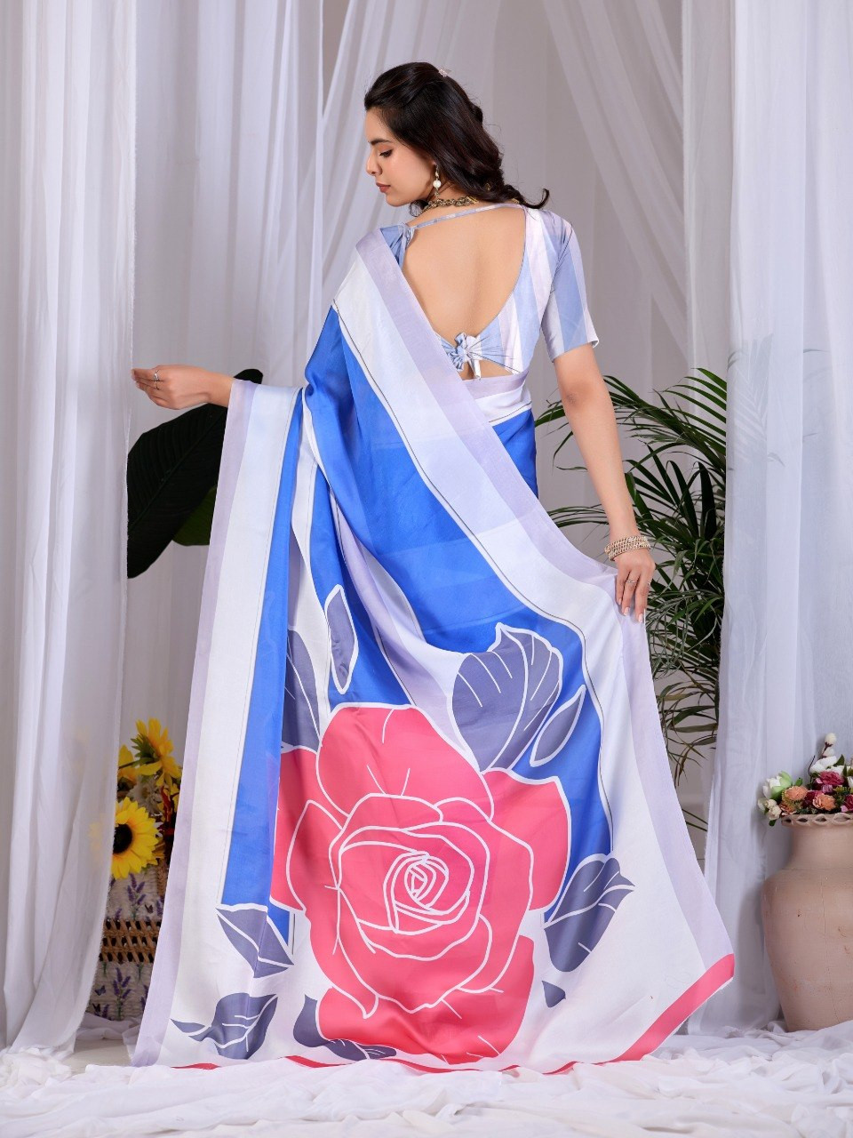 Blue Abstract & Floral Digital Print Satin Georgette Saree with Matching Blouse