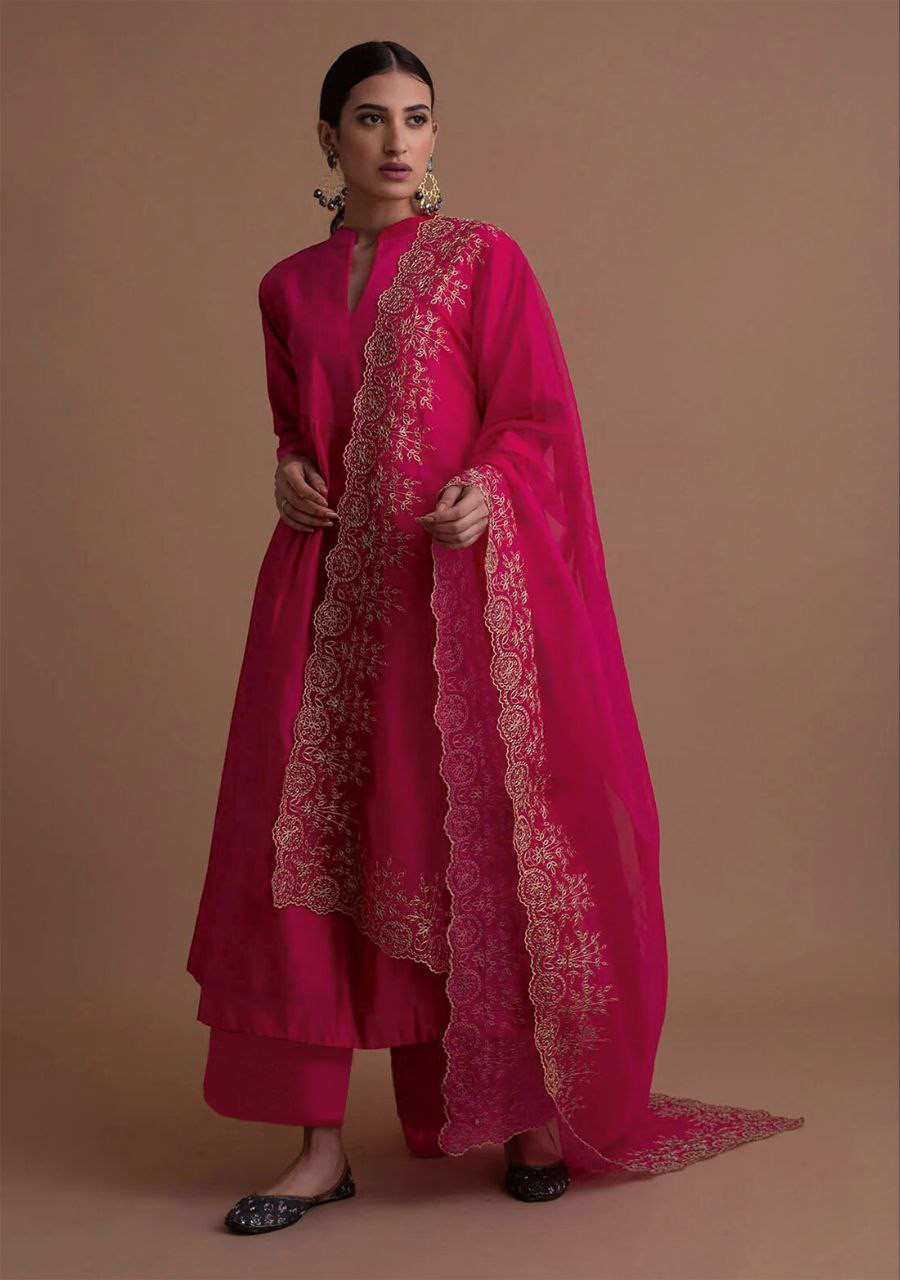 Women’s Pink Cotton Silk Kurta Pant Dupatta Set – Embroidered 3/4 Sleeve Kurti with Organza Dupatta