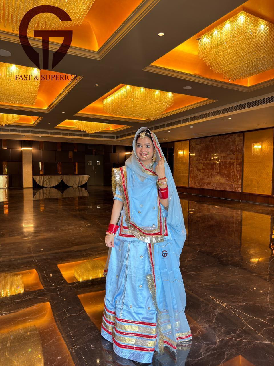 Light Firozi Coloured Branded With Gota Patti Rajputi Poshak(Semi Stich)