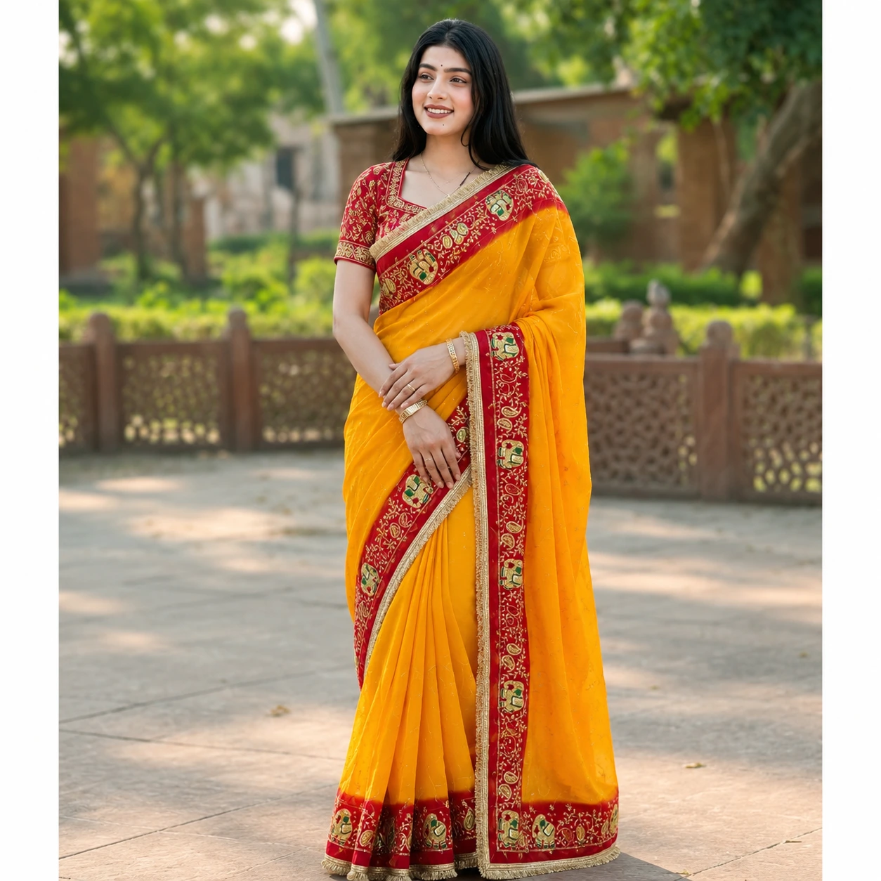 Royal Georgatte Saree - Luxurious Silk Blend, Unstitched Blouse Fabric Included