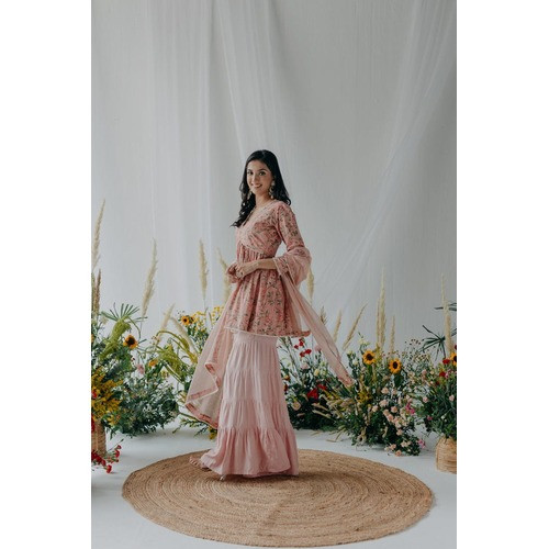 PINK PRINTED COTTON  KURTI & SHARARA SET